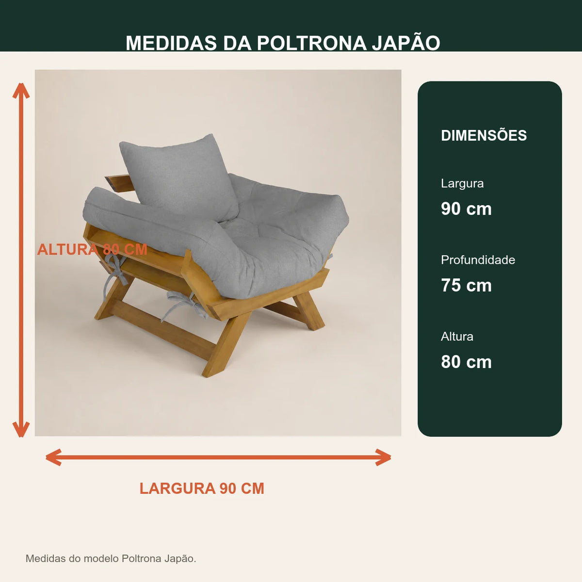 Poltrona Jap�o Acquablock Madeira Nobre Mel - Cinza Linho - medidas