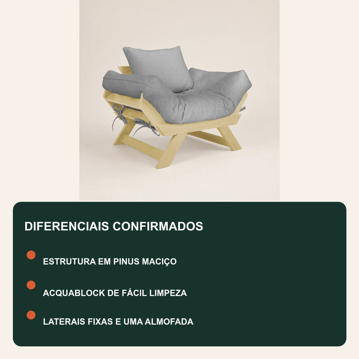 Poltrona Jap�o Acquablock Madeira Pinus Sem Pintura - Cinza Linho - diferenciais