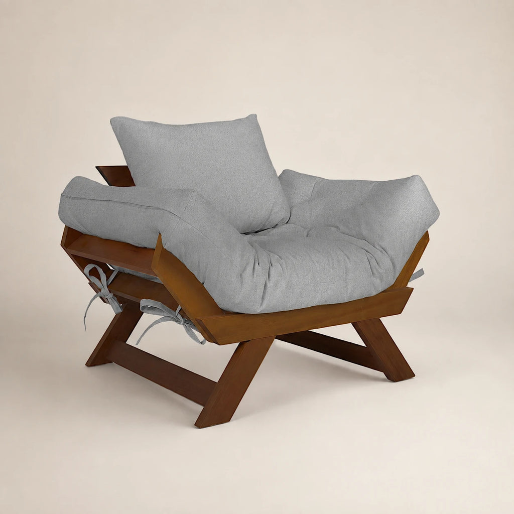 Poltrona Jap�o Acquablock Madeira Nobre Imbuia - Cinza Linho