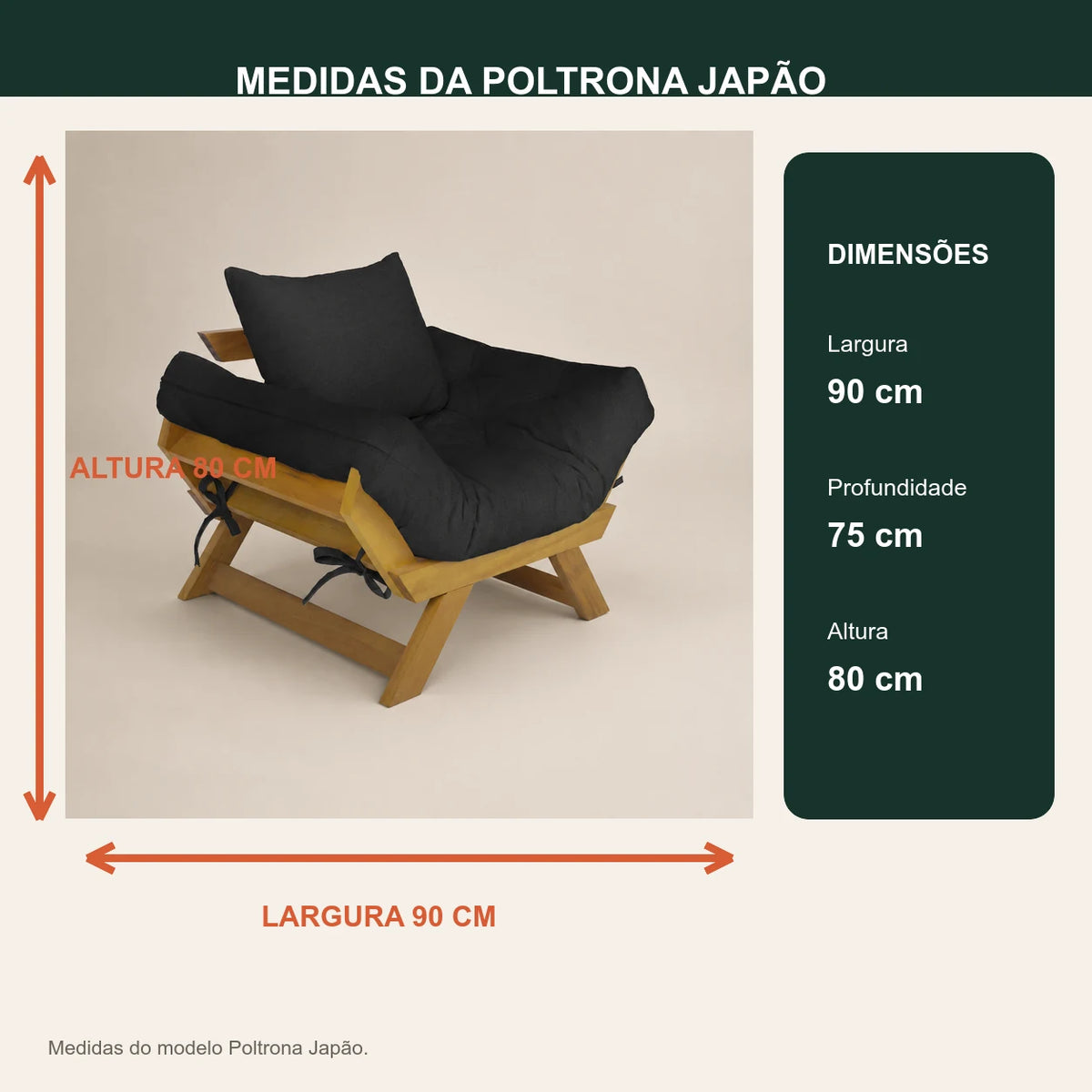 Poltrona Jap�o Acquablock Madeira Nobre Mel - Preto - medidas