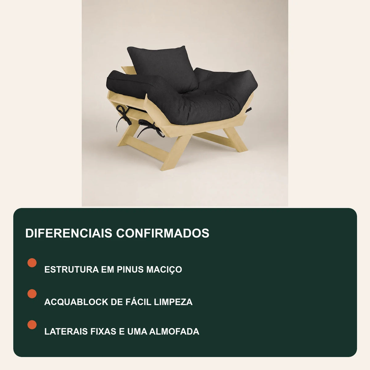 Poltrona Jap�o Acquablock Madeira Pinus Sem Pintura - Preto - diferenciais
