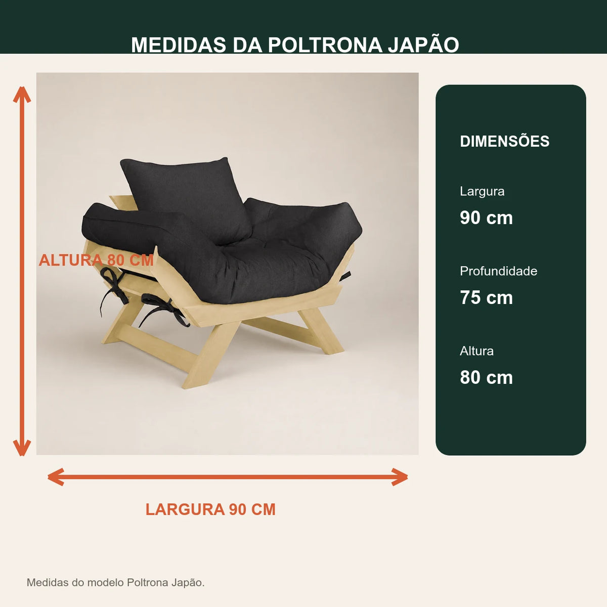 Poltrona Jap�o Acquablock Madeira Pinus Sem Pintura - Preto - medidas