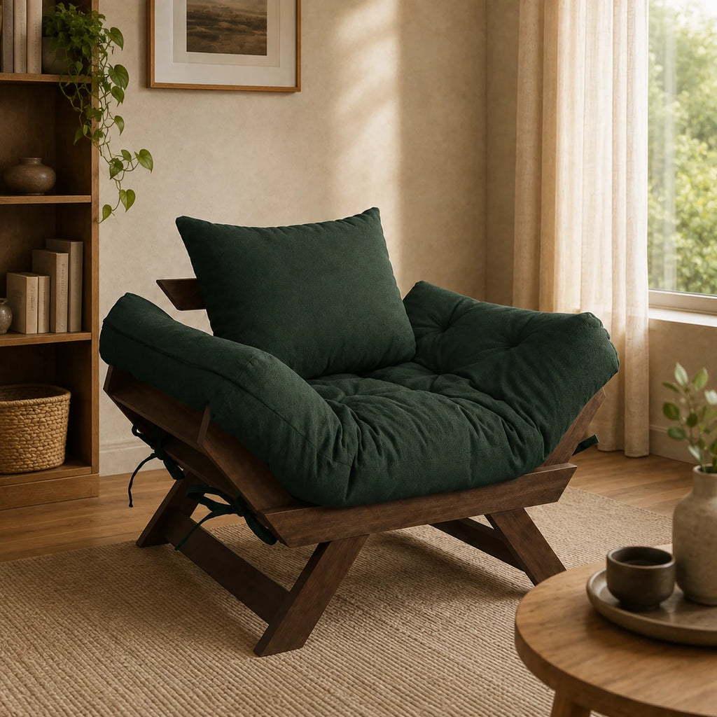 Poltrona Jap�o Acquablock Madeira Pinus Imbuia - Verde Oliva - ambientada