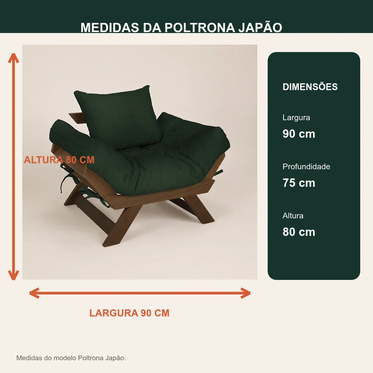 Poltrona Jap�o Acquablock Madeira Nobre Imbuia - Verde Oliva - medidas