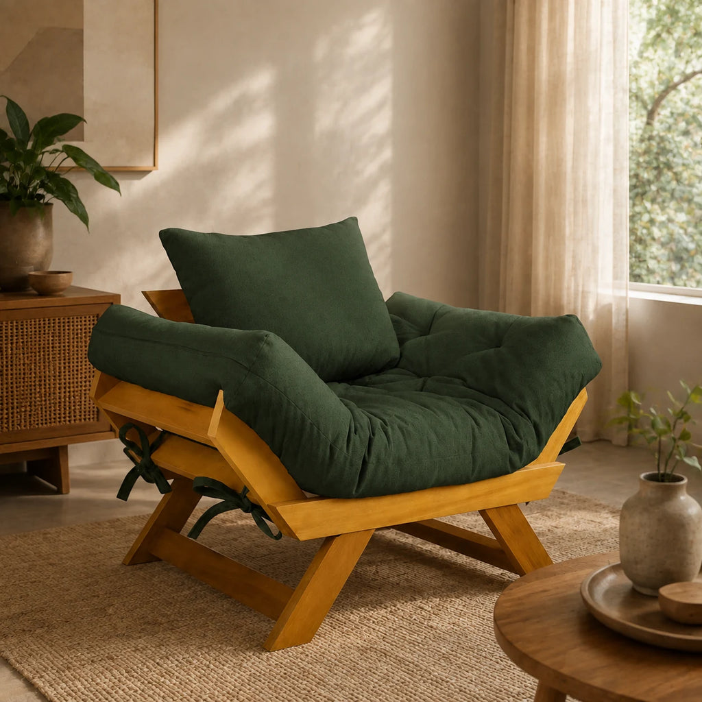 Poltrona Jap�o Acquablock Madeira Pinus Mel - Verde Oliva - ambientada