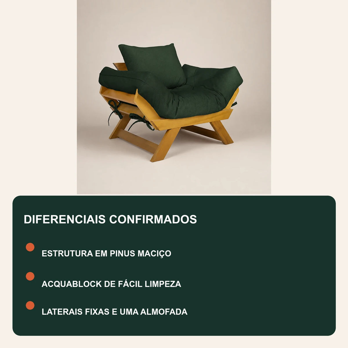 Poltrona Jap�o Acquablock Madeira Pinus Mel - Verde Oliva - diferenciais