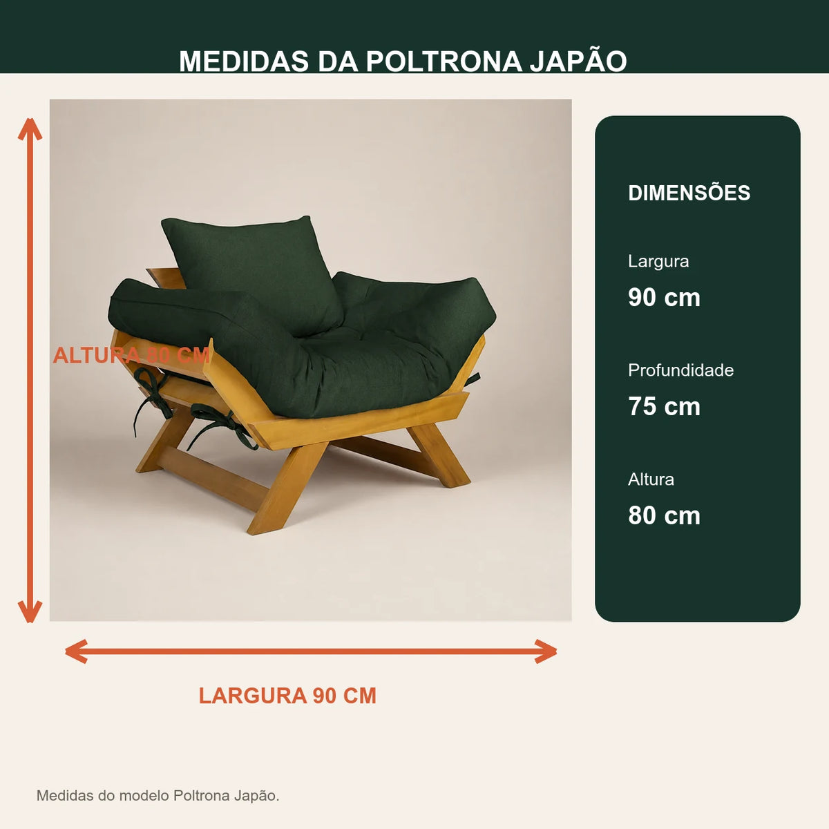 Poltrona Jap�o Acquablock Madeira Pinus Mel - Verde Oliva - medidas