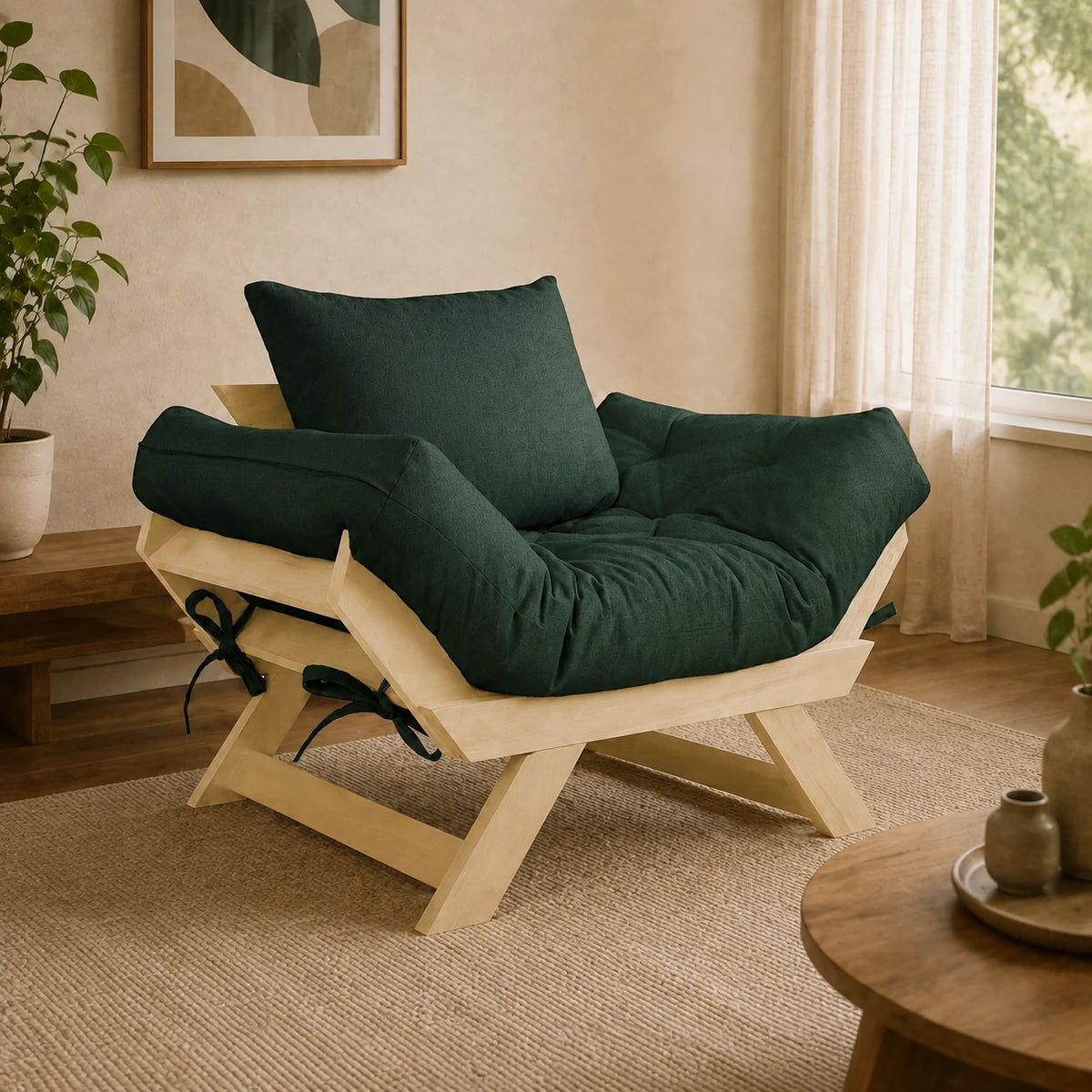 Poltrona Jap�o Acquablock Madeira Pinus Sem Pintura - Verde Oliva - ambientada
