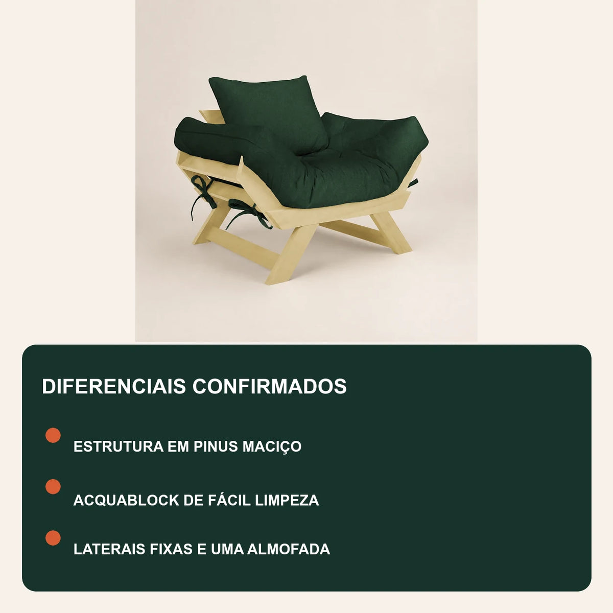 Poltrona Jap�o Acquablock Madeira Pinus Sem Pintura - Verde Oliva - diferenciais