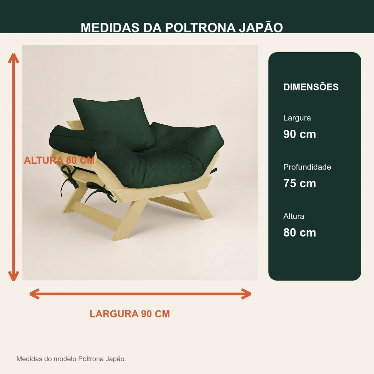 Poltrona Jap�o Acquablock Madeira Pinus Sem Pintura - Verde Oliva - medidas