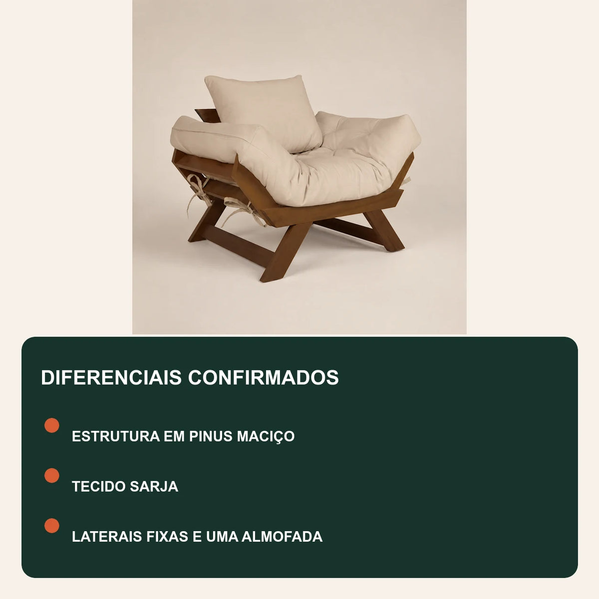 Poltrona Jap�o Sarja Madeira Pinus Imbuia - Bege - diferenciais