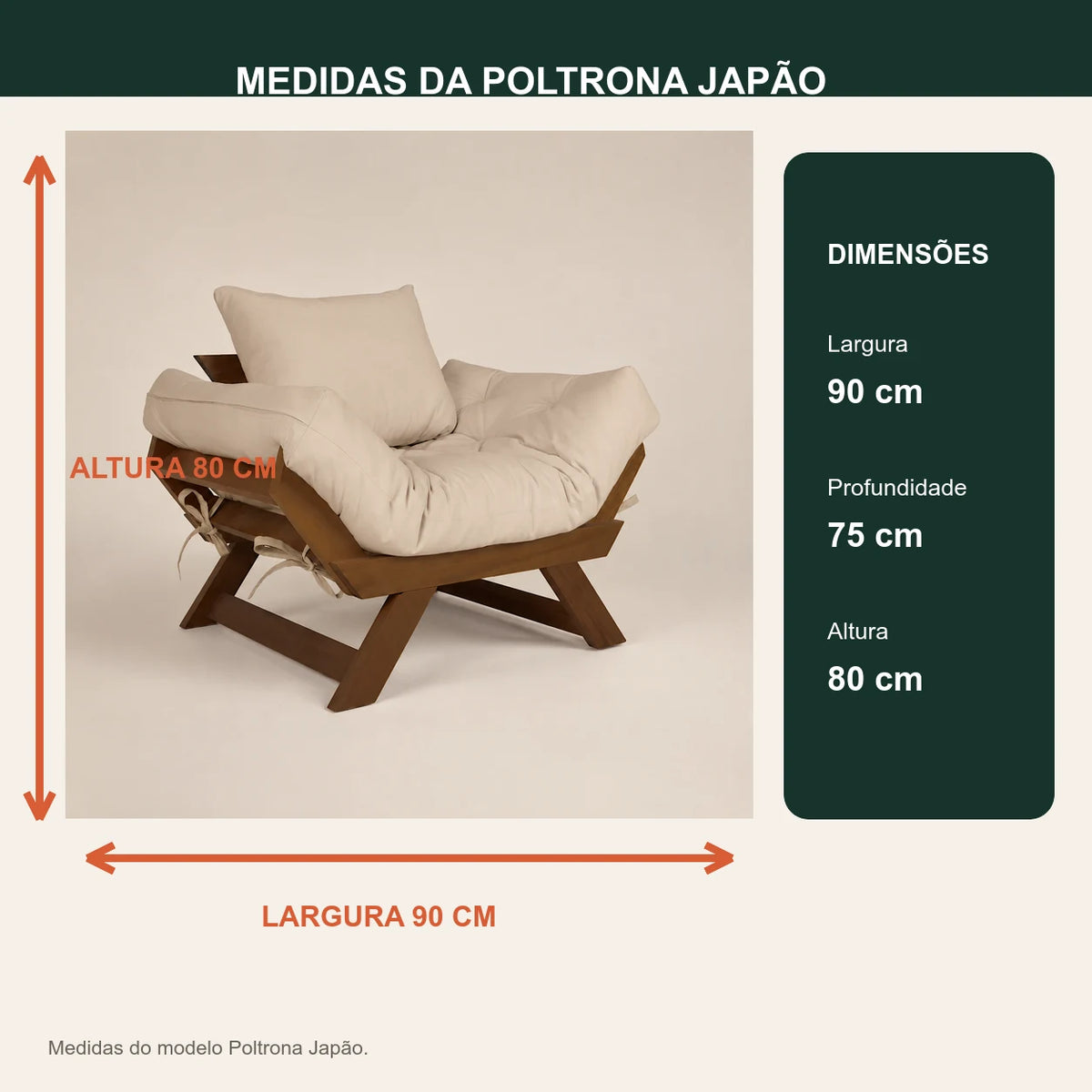 Poltrona Jap�o Sarja Madeira Pinus Imbuia - Bege - medidas
