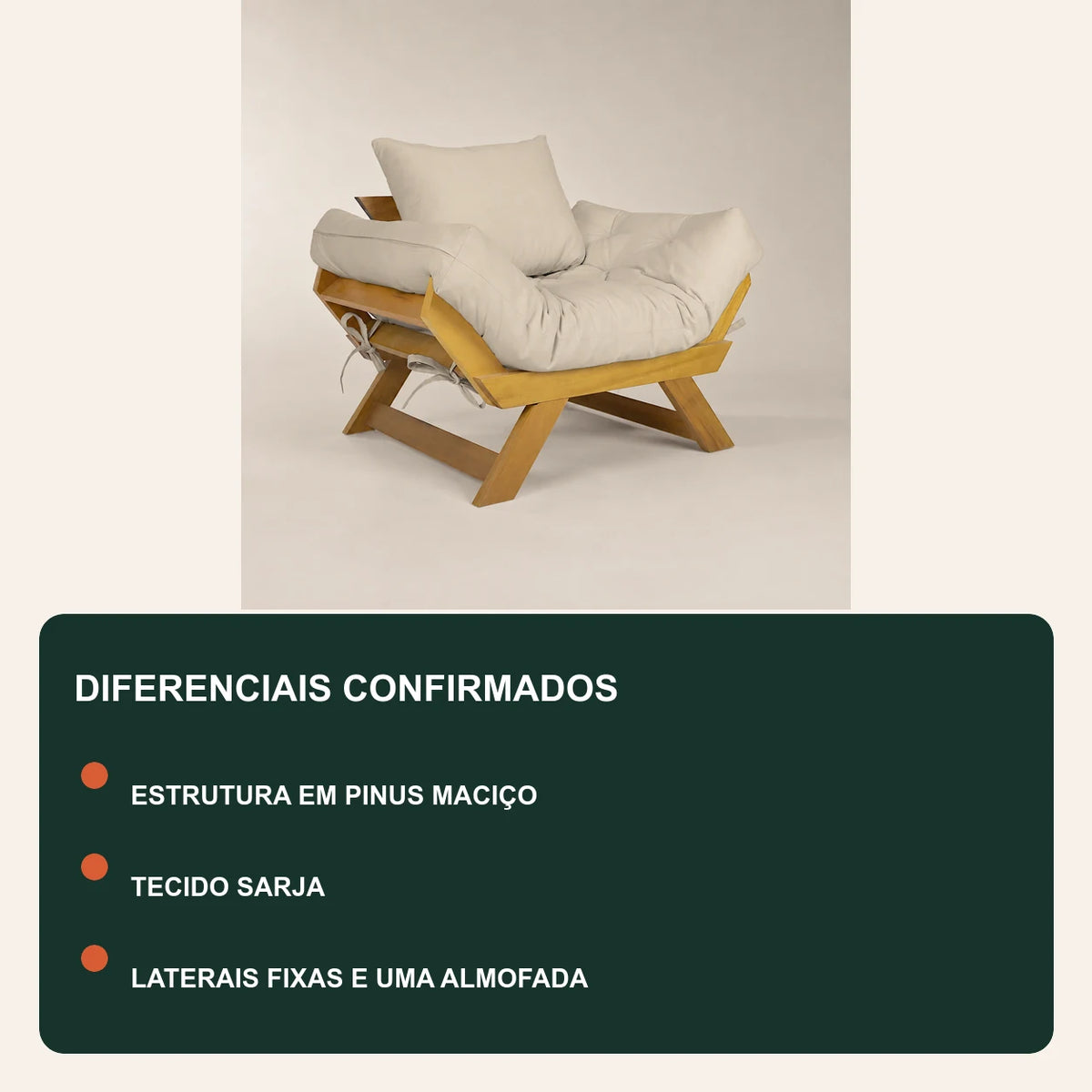 Poltrona Jap�o Sarja Madeira Pinus Mel - Bege - diferenciais
