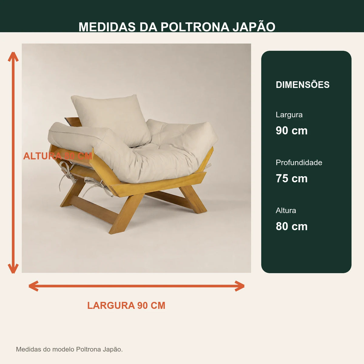 Poltrona Jap�o Sarja Madeira Nobre Mel  - Bege - medidas