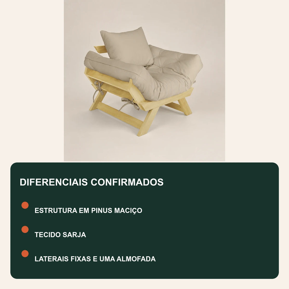 Poltrona Jap�o Sarja Madeira Pinus Sem Pintura - Bege - diferenciais