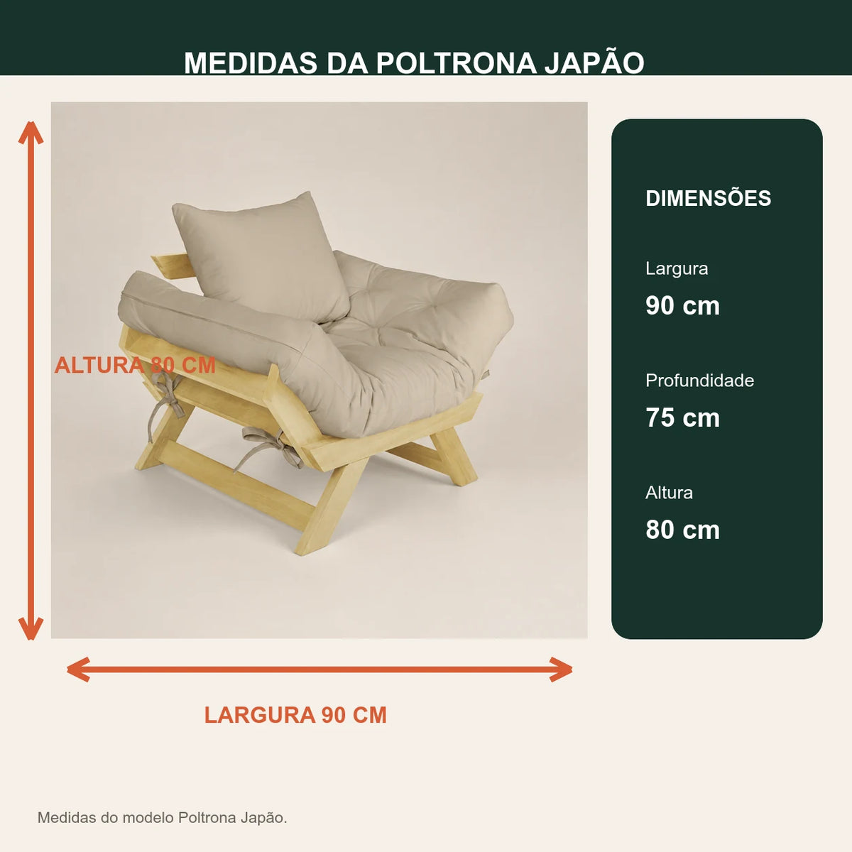 Poltrona Jap�o Sarja Madeira Pinus Sem Pintura - Bege - medidas