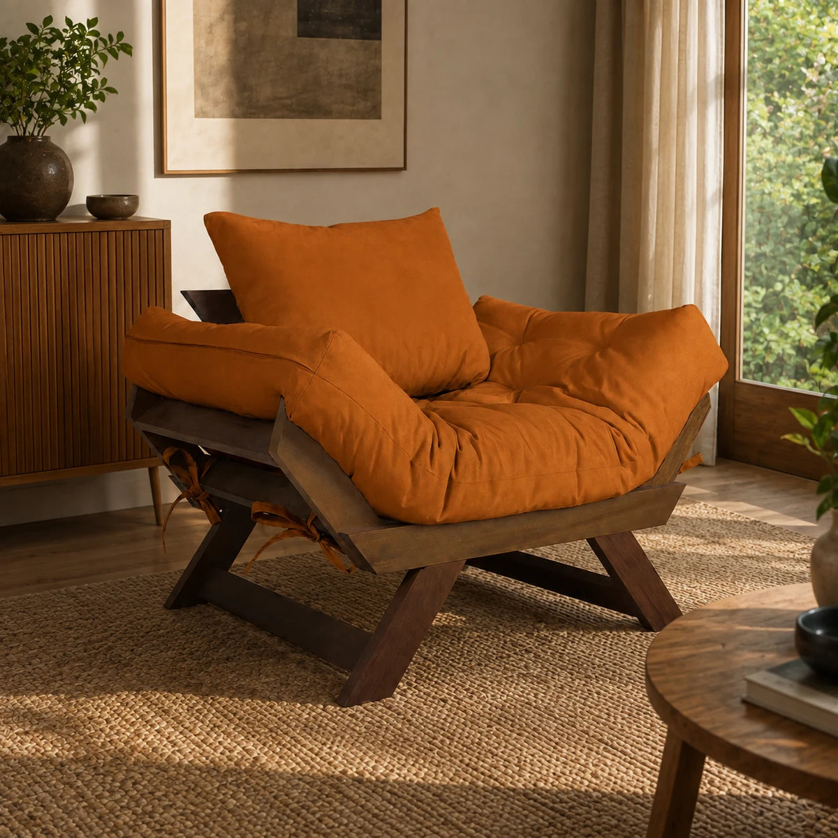 Poltrona Jap�o Sarja Madeira Pinus Imbuia - Caramelo - ambientada