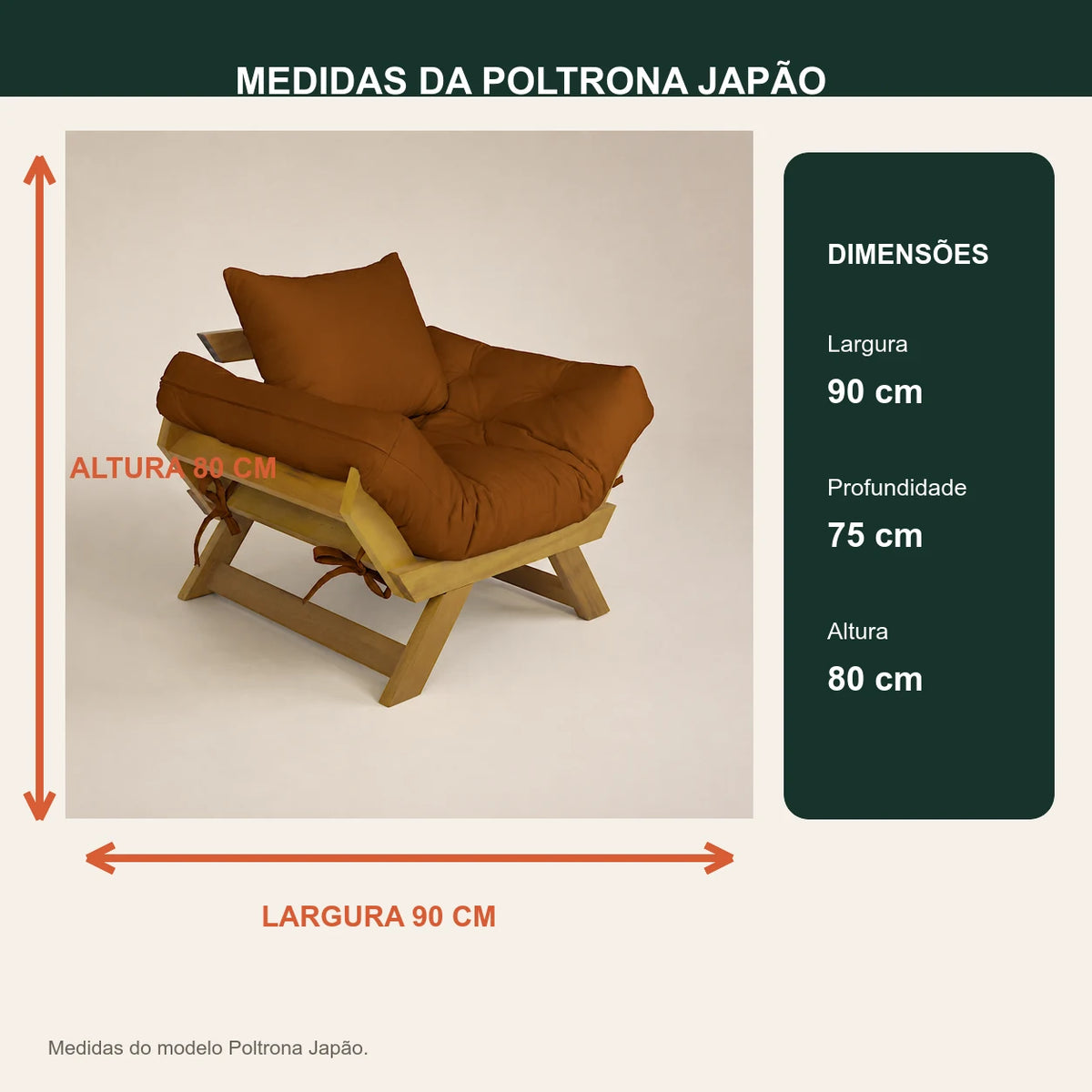 Poltrona Jap�o Sarja Madeira Pinus Mel - Caramelo - medidas