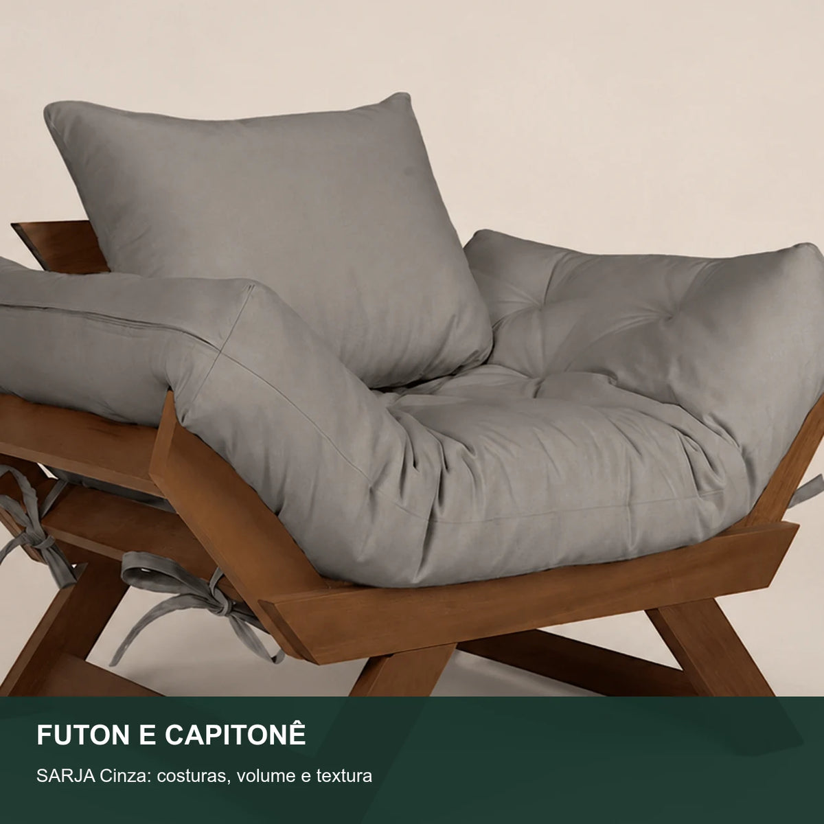 Poltrona Jap�o Sarja Madeira Pinus Imbuia - Cinza - detalhe-capitone