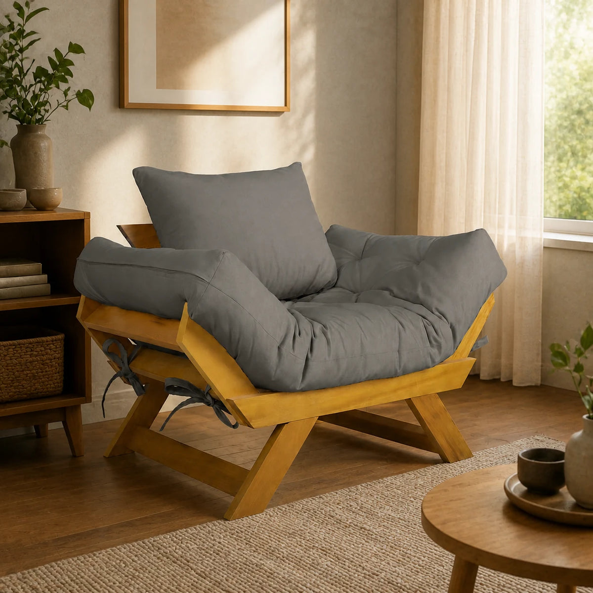 Poltrona Jap�o Sarja Madeira Pinus Mel - Cinza - ambientada