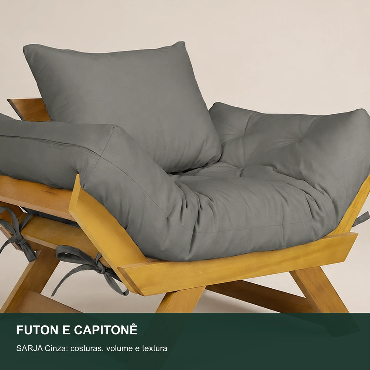Poltrona Jap�o Sarja Madeira Pinus Mel - Cinza - detalhe-capitone