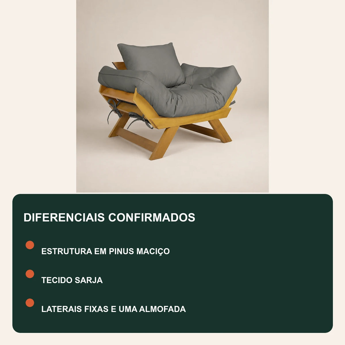 Poltrona Jap�o Sarja Madeira Nobre Mel - Cinza - diferenciais