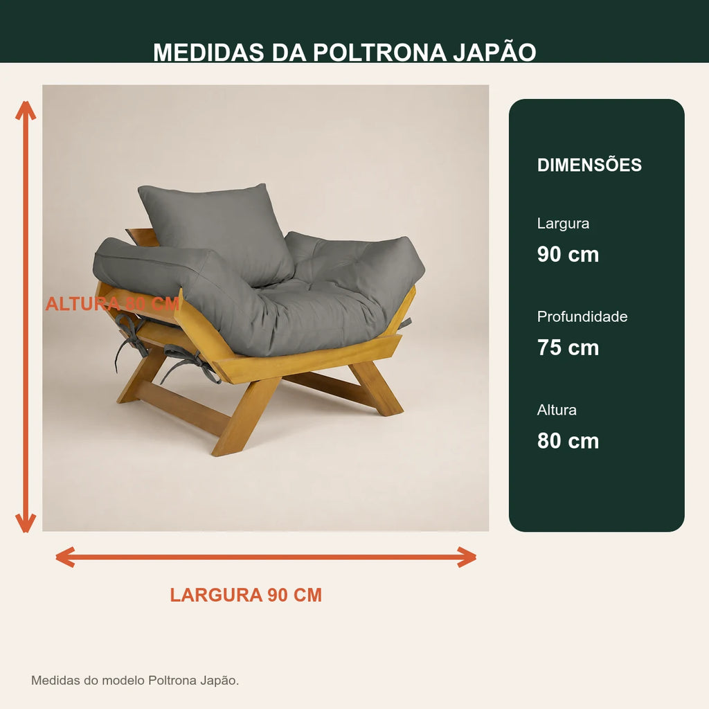 Poltrona Jap�o Sarja Madeira Nobre Mel - Cinza - medidas