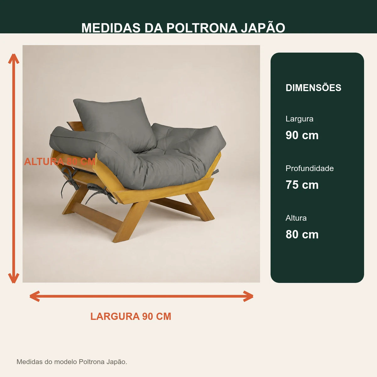Poltrona Jap�o Sarja Madeira Nobre Mel - Cinza - medidas
