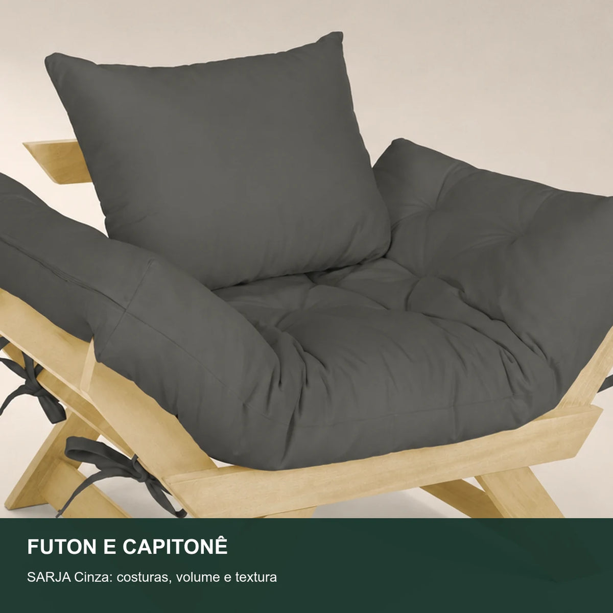 Poltrona Jap�o Sarja Madeira Pinus Sem Pintura - Cinza - detalhe-capitone