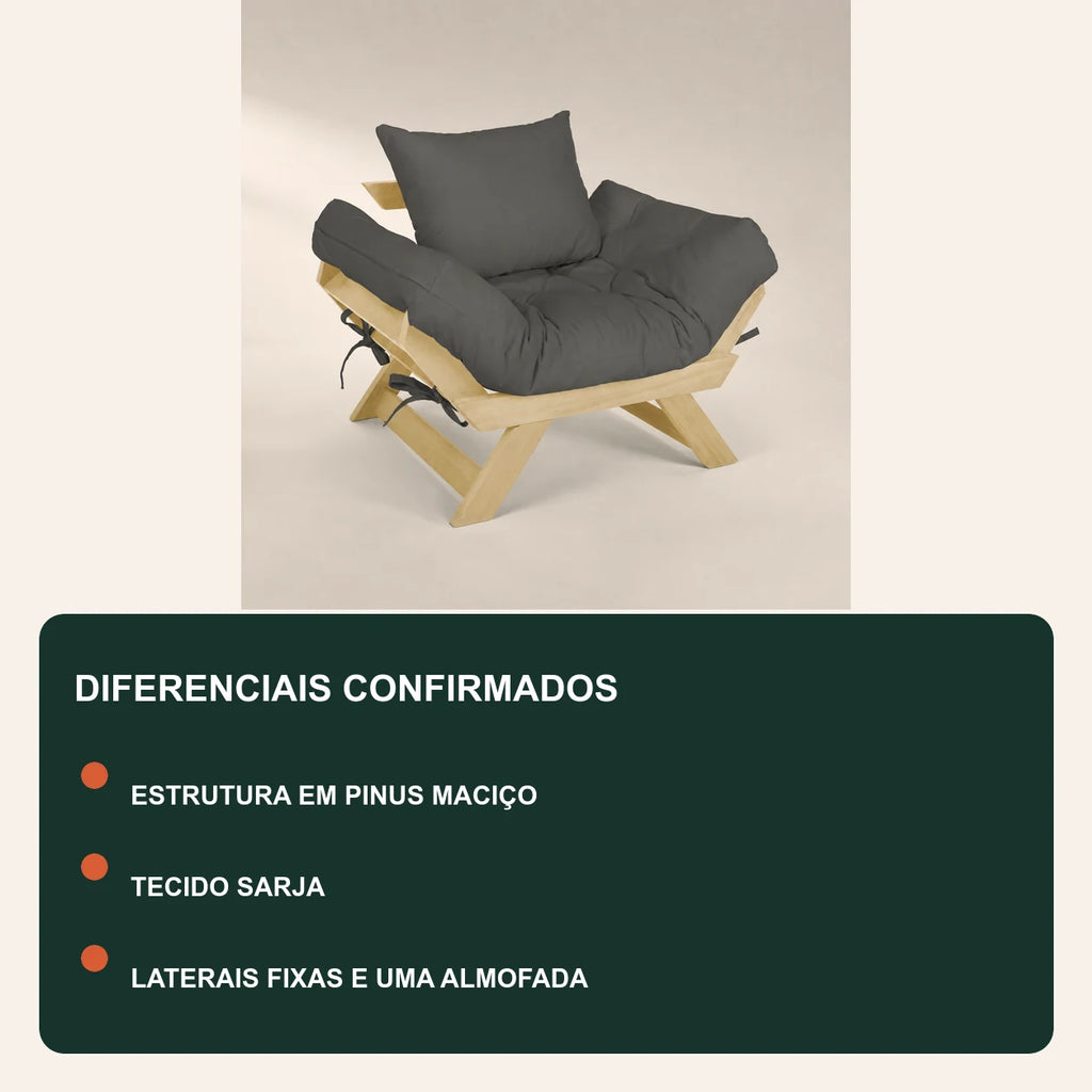 Poltrona Jap�o Sarja Madeira Pinus Sem Pintura - Cinza - diferenciais
