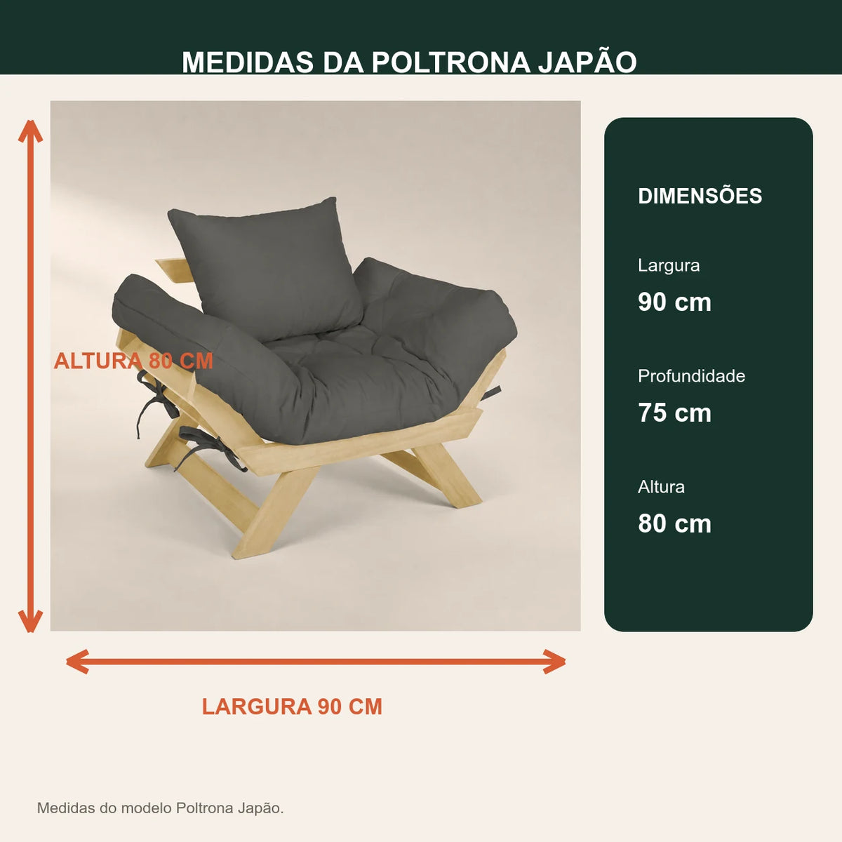 Poltrona Jap�o Sarja Madeira Pinus Sem Pintura - Cinza - medidas