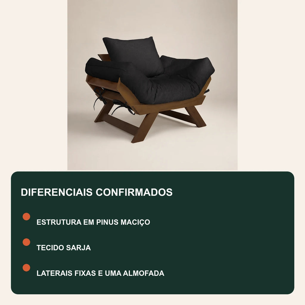 Poltrona Jap�o Sarja Madeira Pinus Imbuia - Preto - diferenciais