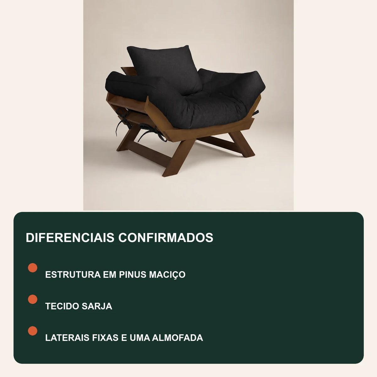 Poltrona Jap�o Sarja Madeira Pinus Imbuia - Preto - diferenciais
