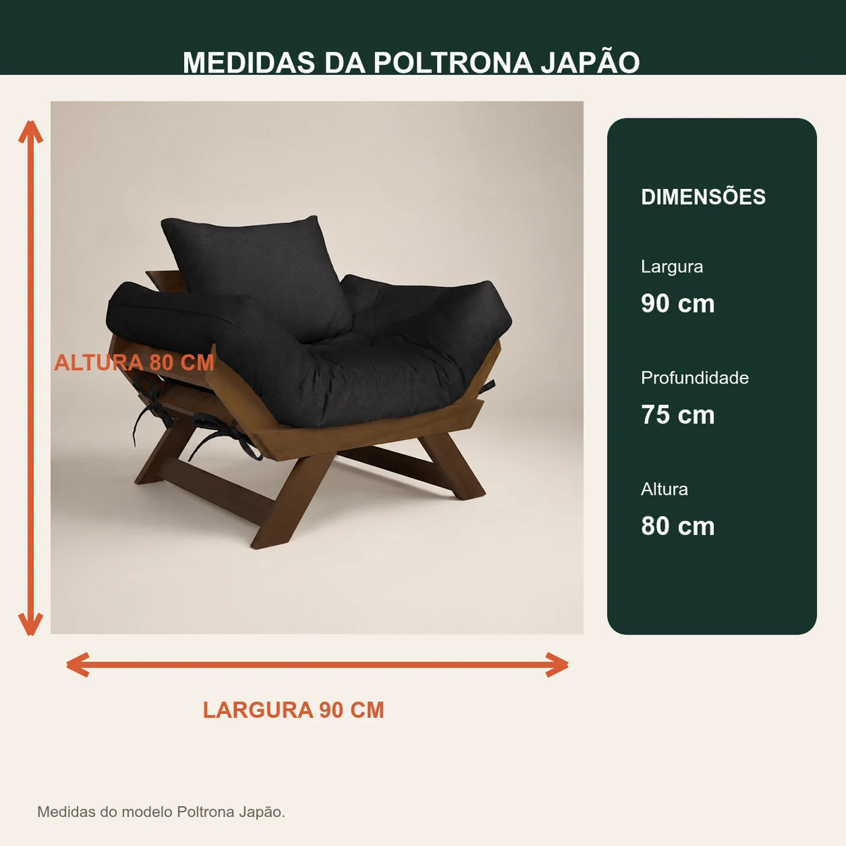 Poltrona Jap�o Sarja Madeira Pinus Imbuia - Preto - medidas