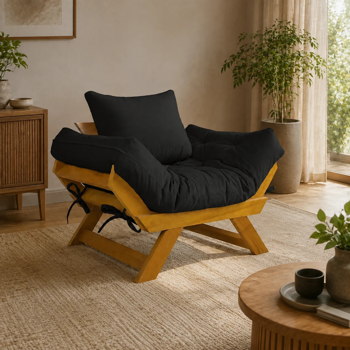 Poltrona Jap�o Sarja Madeira Pinus Mel - Preto - ambientada