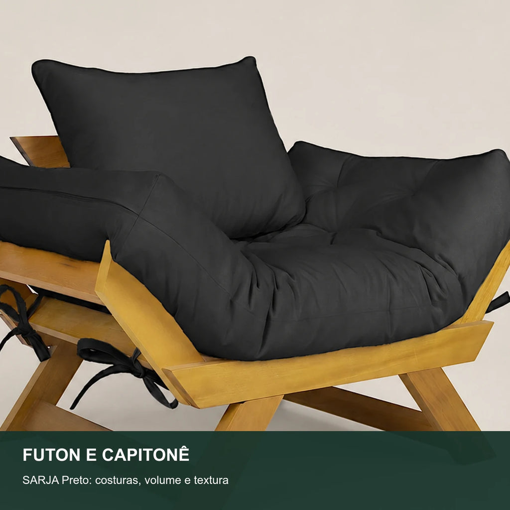 Poltrona Jap�o Sarja Madeira Nobre Mel  - Preto - detalhe-capitone