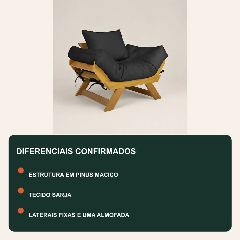 Poltrona Jap�o Sarja Madeira Nobre Mel  - Preto - diferenciais