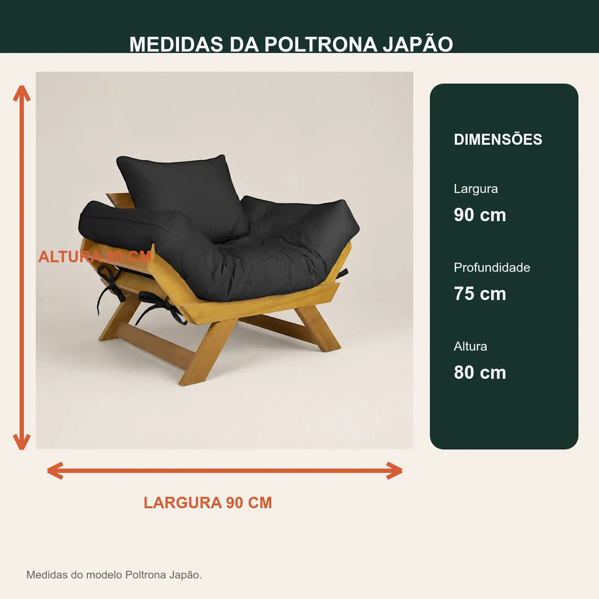 Poltrona Jap�o Sarja Madeira Nobre Mel  - Preto - medidas