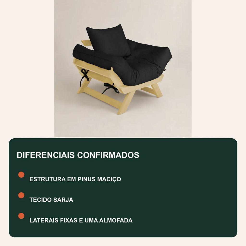 Poltrona Jap�o Sarja Madeira Pinus Sem Pintura - Preto - diferenciais