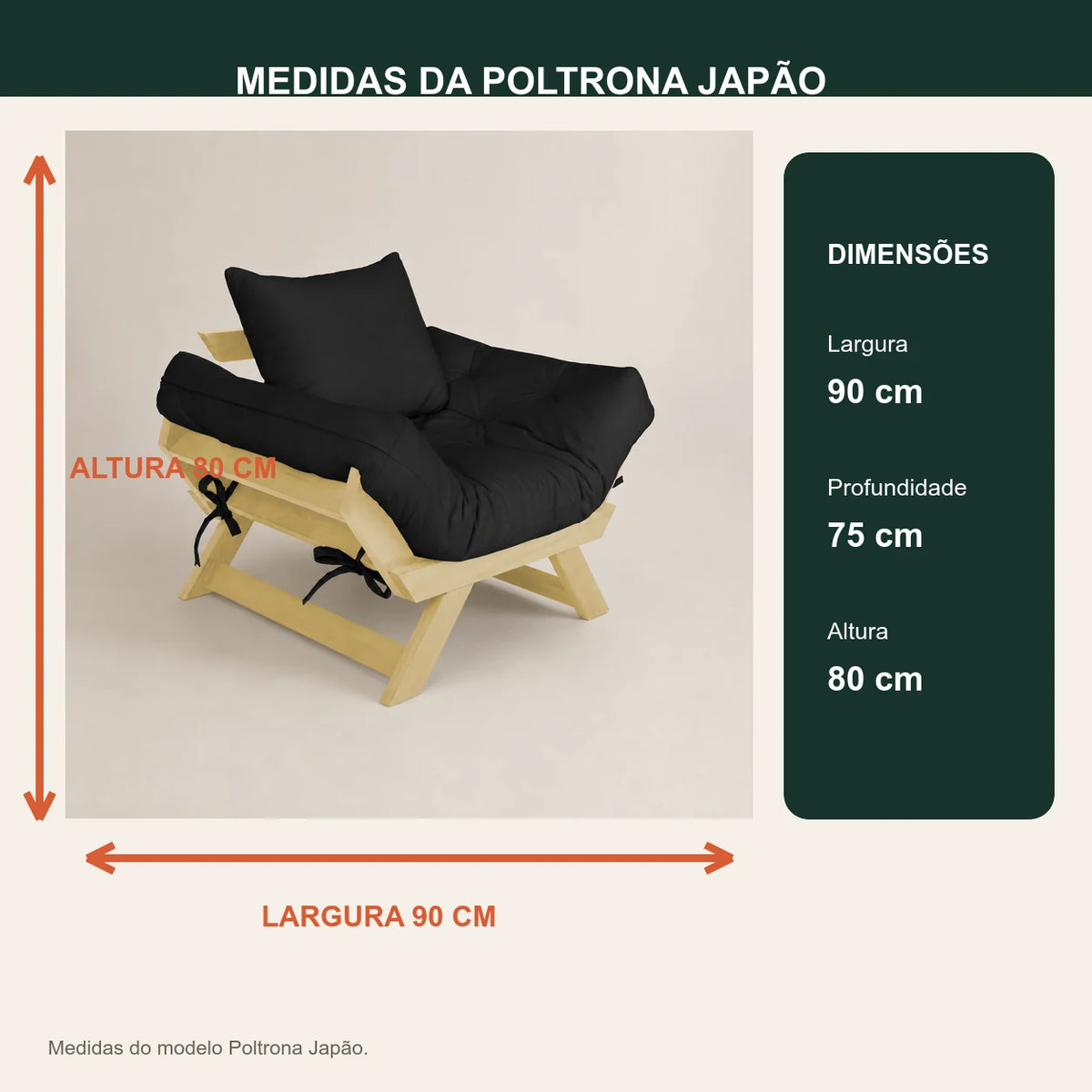 Poltrona Jap�o Sarja Madeira Pinus Sem Pintura - Preto - medidas