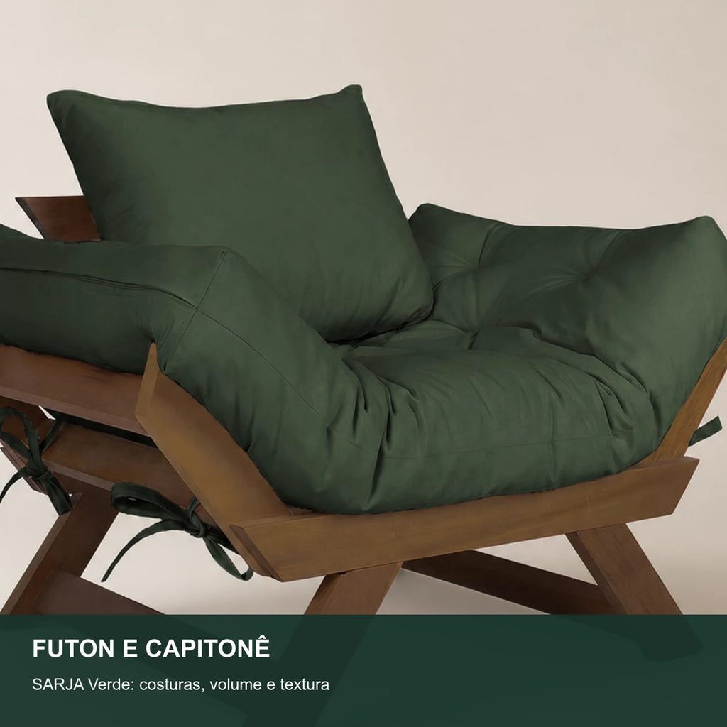 Poltrona Jap�o Sarja Madeira Pinus Imbuia - Verde - detalhe-capitone