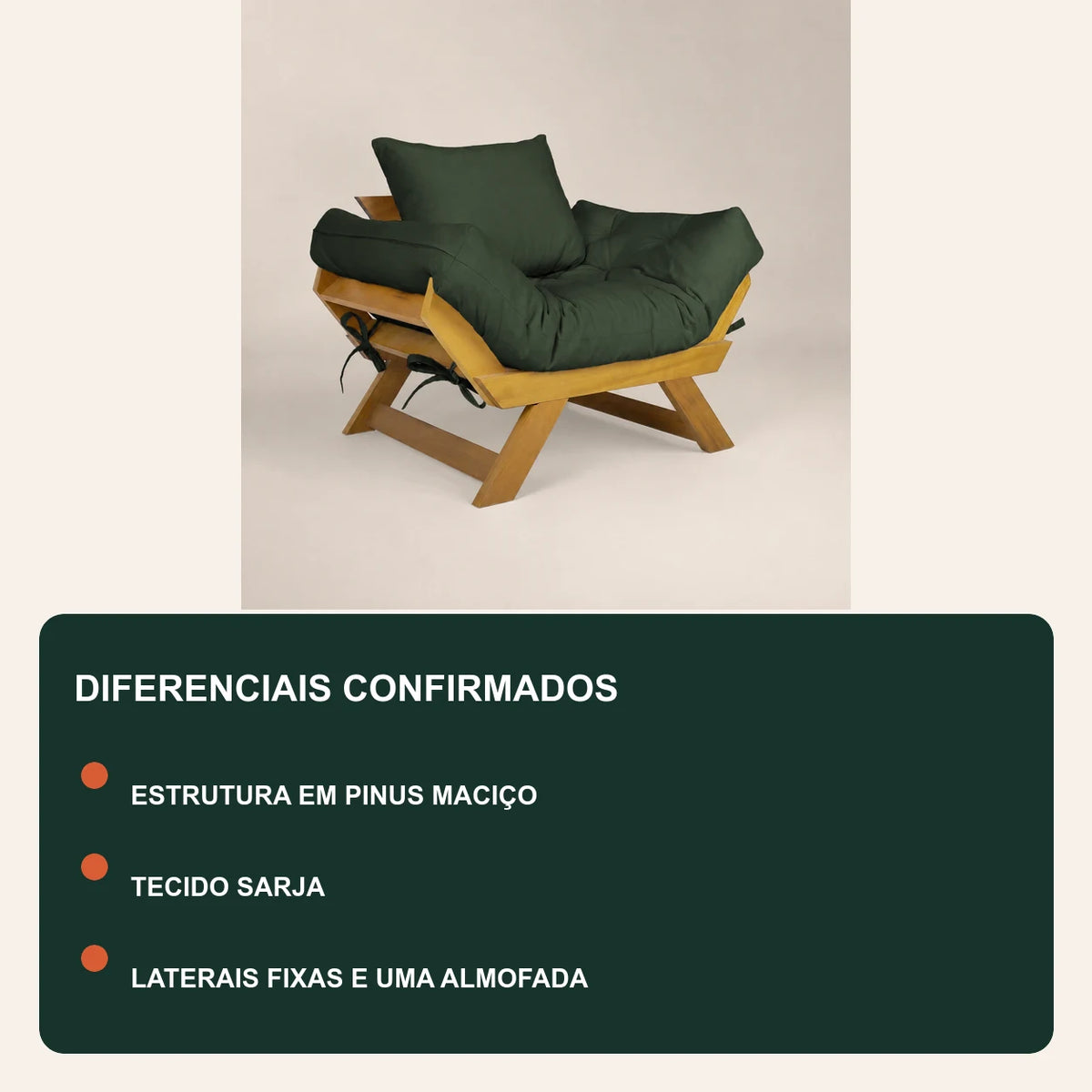 Poltrona Jap�o Sarja Madeira Pinus Mel - Verde - diferenciais