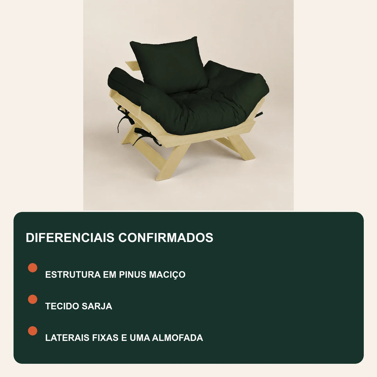 Poltrona Jap�o Sarja Madeira Pinus Sem Pintura - Verde - diferenciais