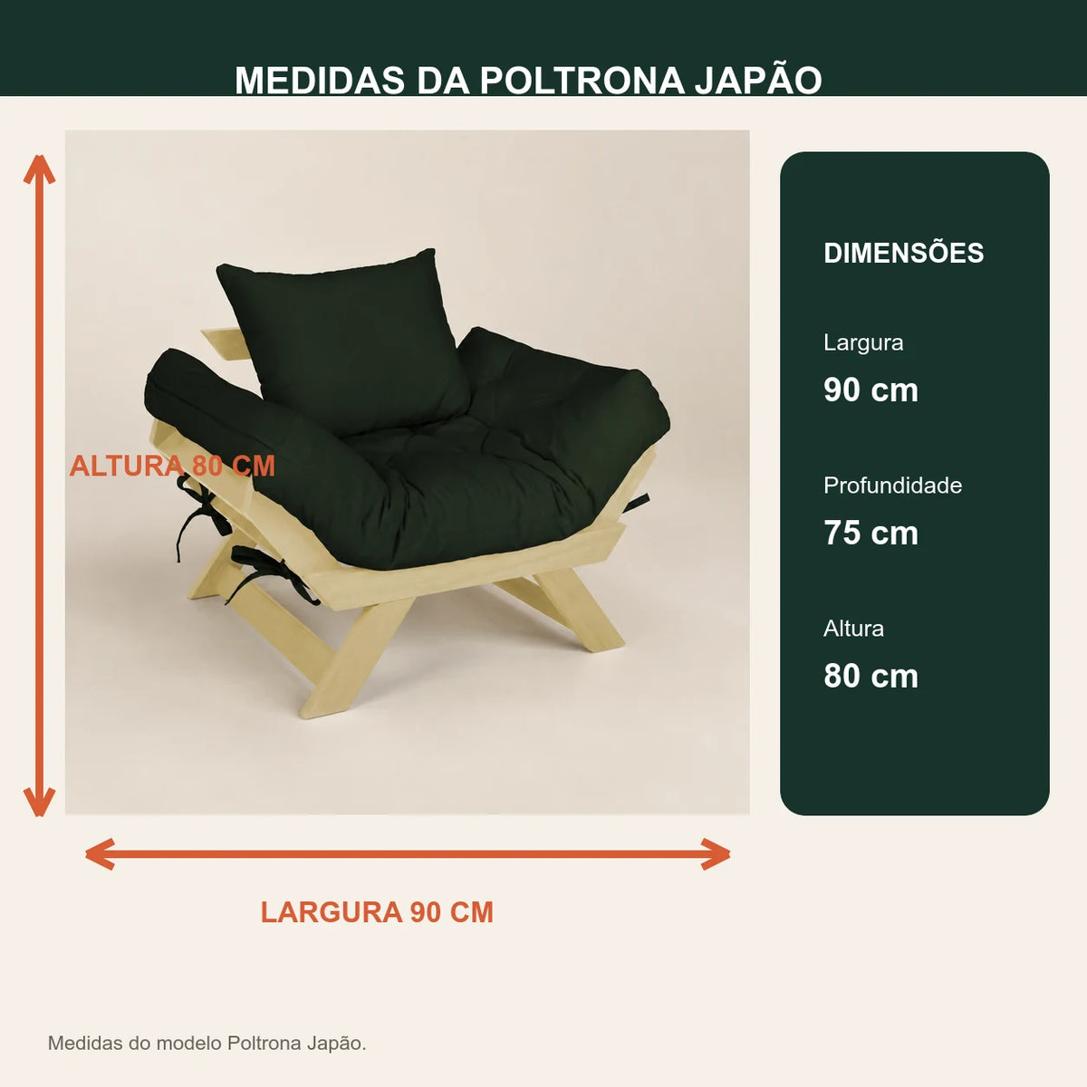 Poltrona Jap�o Sarja Madeira Pinus Sem Pintura - Verde - medidas