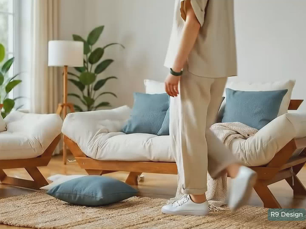 Vídeo: Sofá Cama Futon Reclinável Japão - Madeira Nobre Mel Tecido Acquablock Cor Cinza Linho