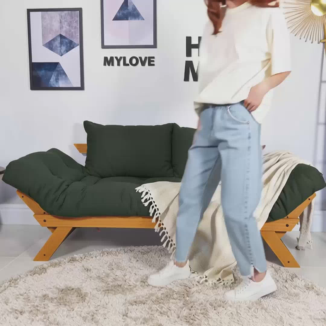 Vídeo: Sofá Cama Futon Reclinável Japão - Madeira Nobre Mel Tecido Acquablock Cor Cinza Linho