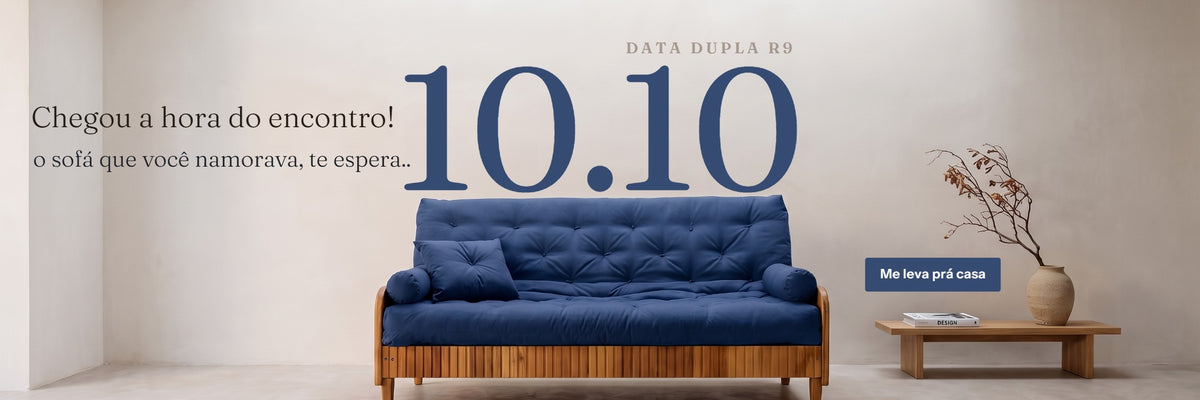 Banner Data dupla 10.10 (com possível dobradinha com os 10 anos da : Sofá Cama Casal Futon Paris II Ripado Acquablock Madeira Maciça Mel - Cor Azul Royal