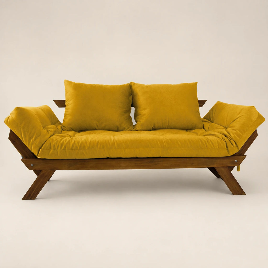 Sof� Cama Reclin�vel Futon Jap�o - Madeira Imbuia Tecido Acquablock Cor Amarelo