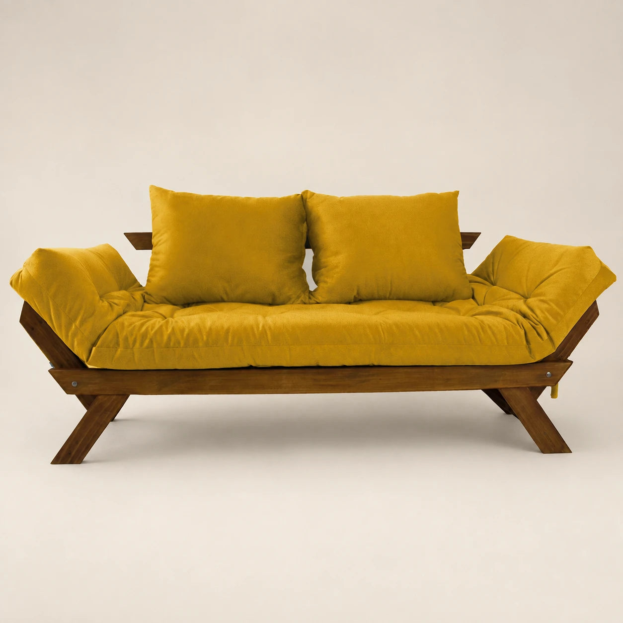 Sof� Cama Reclin�vel Futon Jap�o - Madeira Imbuia Tecido Acquablock Cor Amarelo