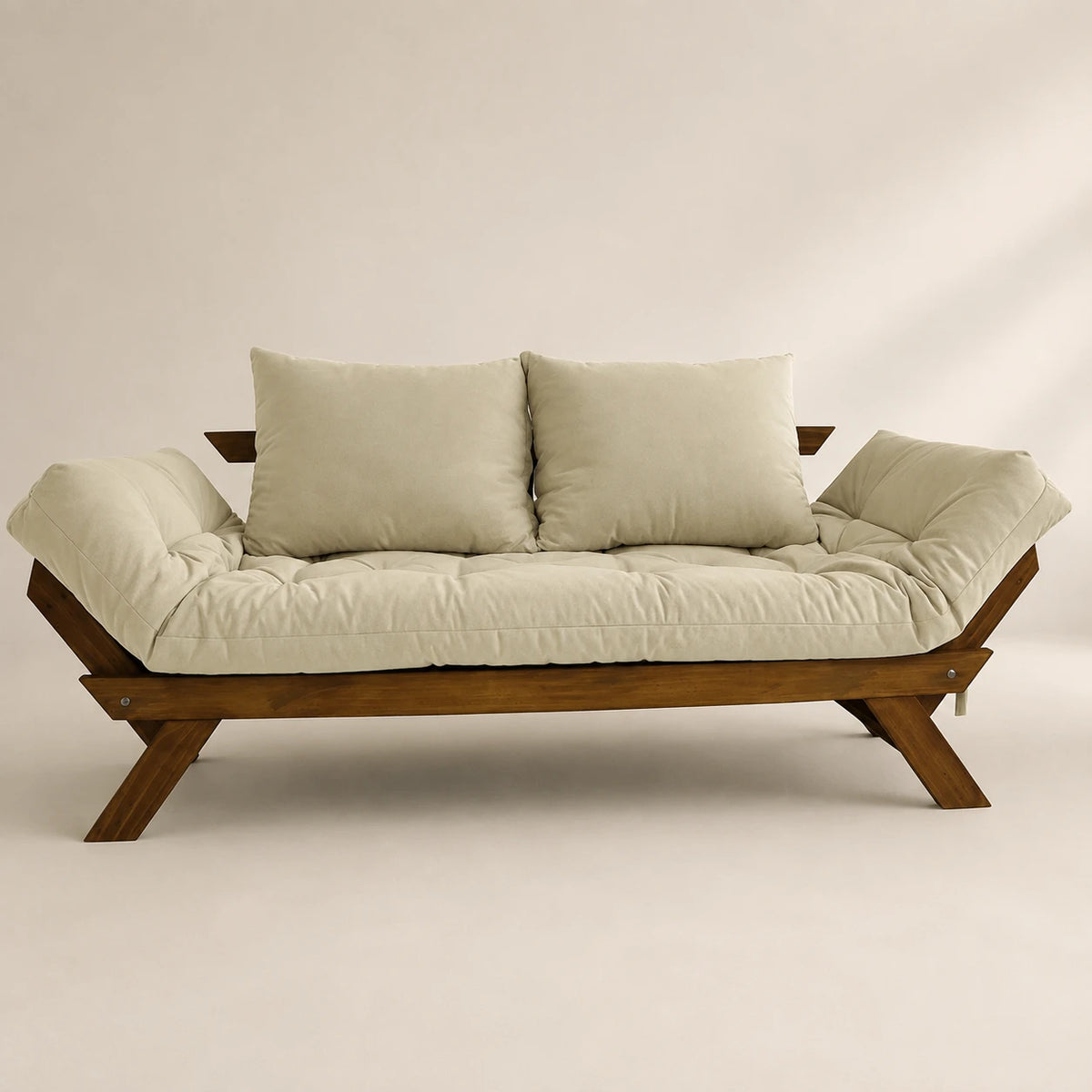 Sof� Cama Reclin�vel Futon Jap�o - Madeira Imbuia Tecido Sarja Cor Bege Claro
